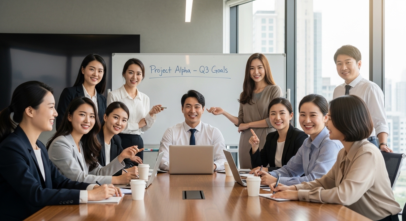 현대적 사무실에서 회의 중인 한국인들