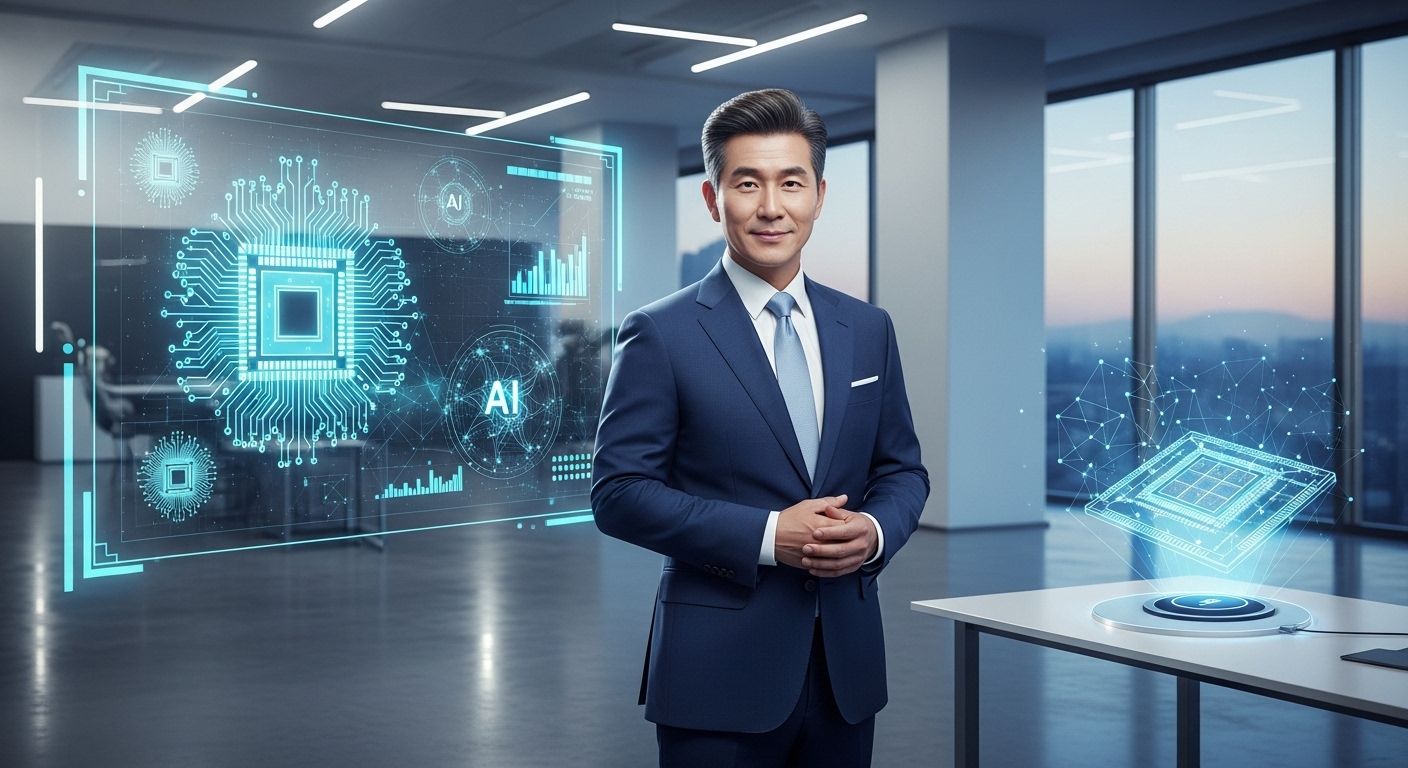 AI 기술과 반도체 배경 속에서 현대적인 사무실에 있는 자신감 있는 사업가 모습