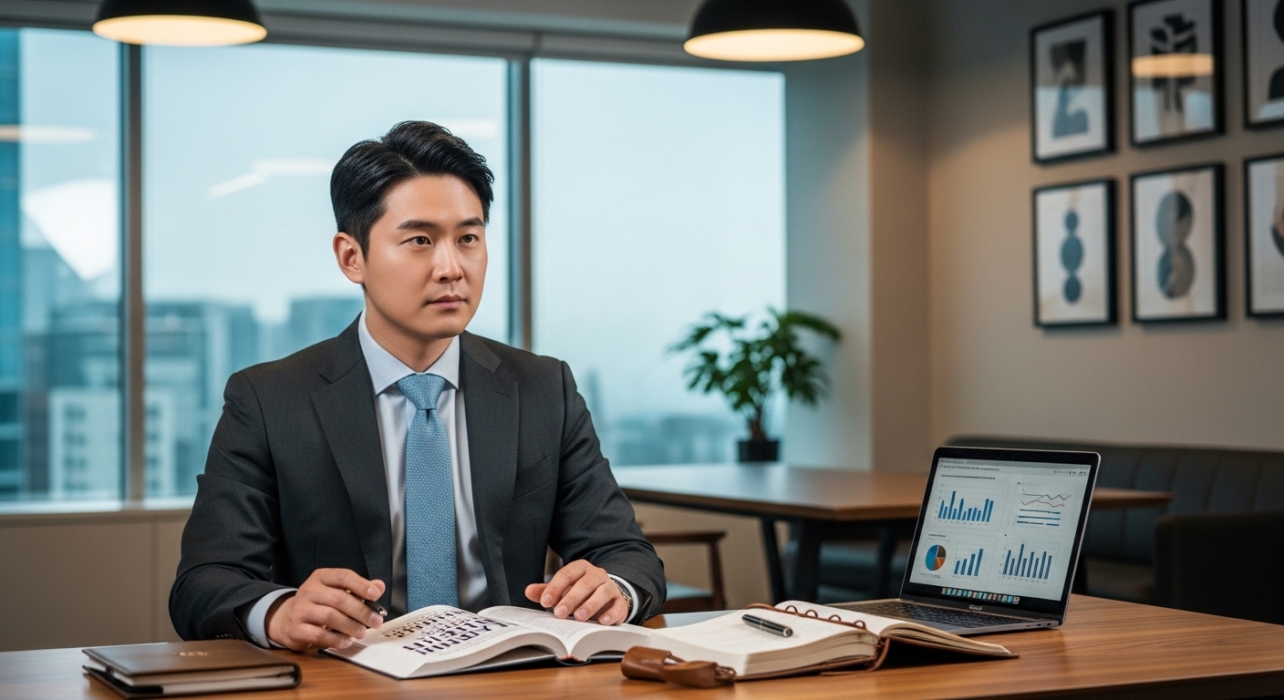 현대적인 사무실에서 리더십 관련 책과 노트를 살펴보는 한국의 비즈니스 전문가
