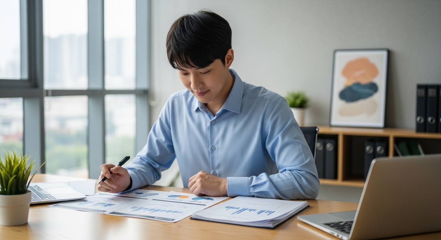 젊은 직장인이 현대적 사무실에서 금융 서류를 보고 있는 모습