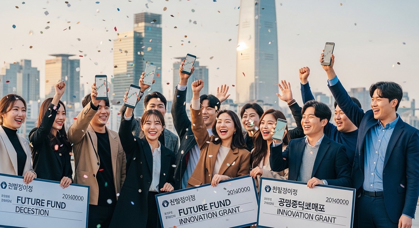 다양한 배경의 젊은이들이 도시 전경을 배경으로 새로운 금융 기회를 축하하는 모습