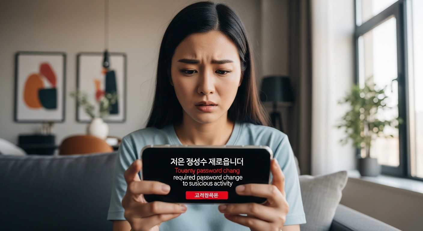 현대 아파트에서 스마트폰으로 보안 경고 메시지를 확인하는 여성