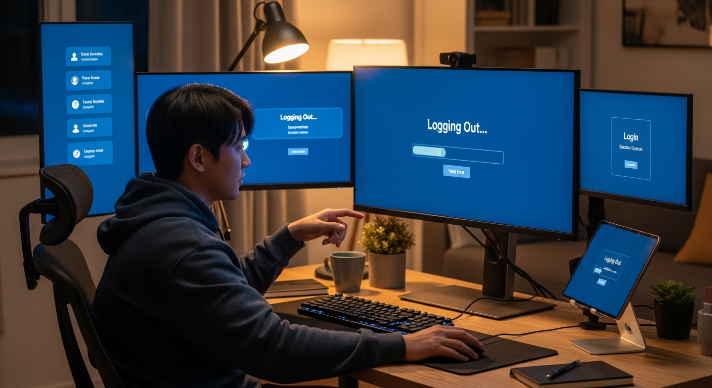 홈 오피스에서 여러 기기에서 로그아웃을 진행하는 젊은 남성