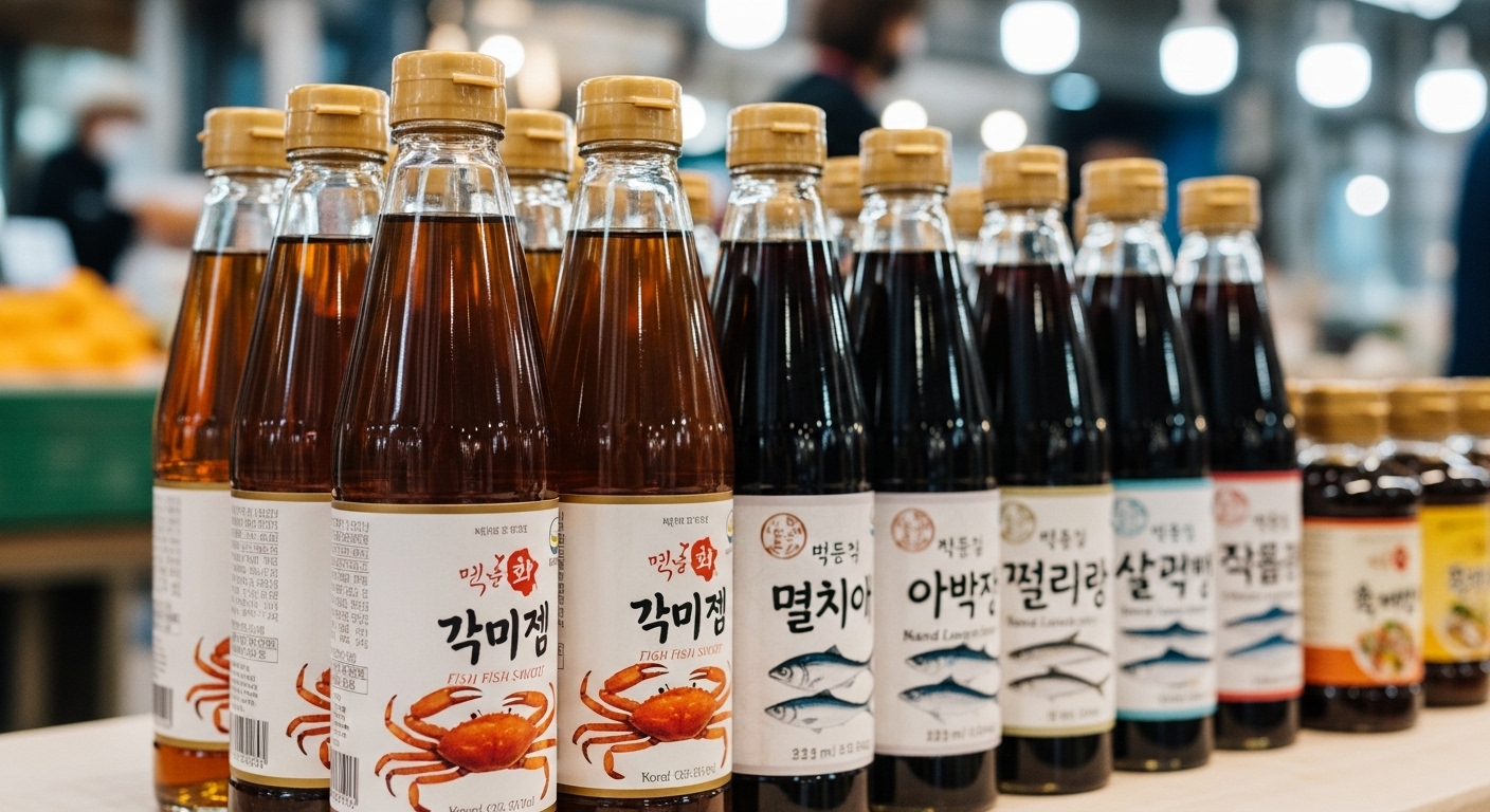 시장에서 다양한 한국산 액젓 중 고품질의 꽃게액젓을 고르는 장면