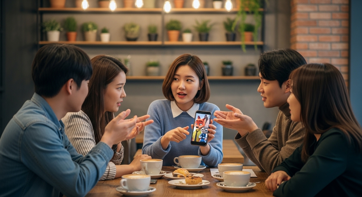 한국의 젊은이들이 카페에서 애니메이션 캐릭터 닉과 주디에 대해 이야기하는 모습
