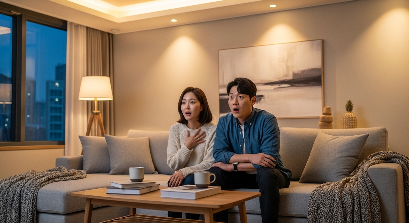 현대적인 거실에서 놀란 표정으로 TV를 시청하는 한국 부부