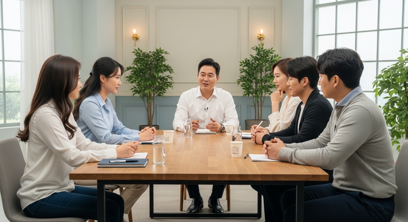 스튜디오 세트에서 상담사와 함께 그룹 테라피 세션에 참여하는 한국 부부들