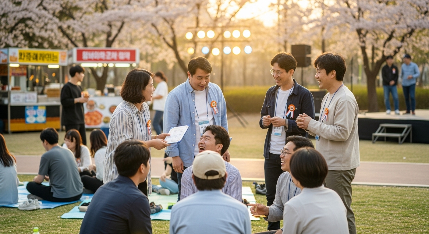야외 공원에서 커뮤니티 모임을 통해 경험을 나누는 한국인들