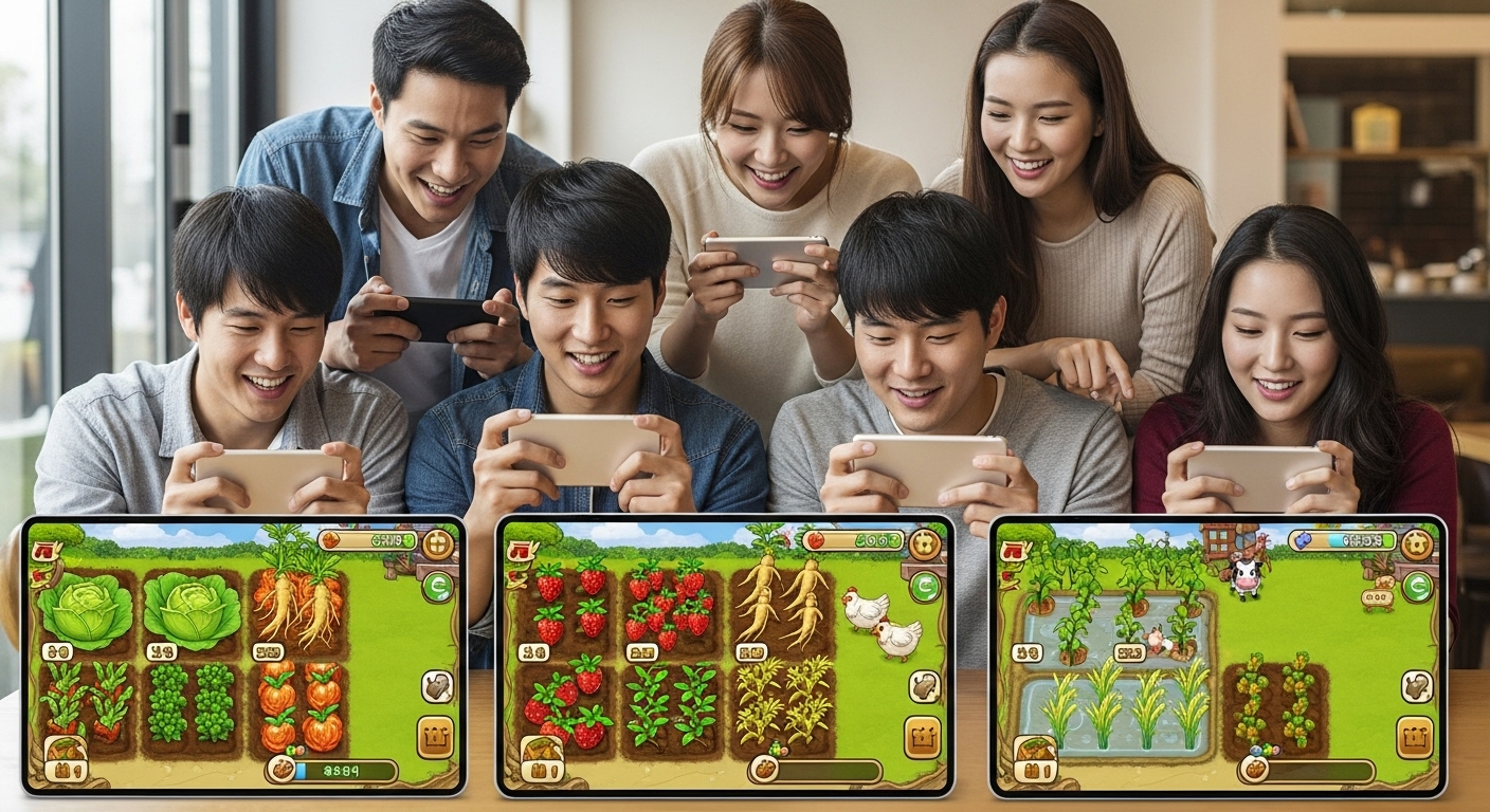 젊은 성인들이 모바일 농사 게임 앱을 즐기며 다양한 작물을 키우는 모습