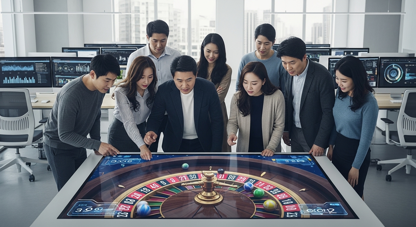다양한 한국 사람들이 디지털 화면에서 마블룰렛 게임을 즐기는 모습