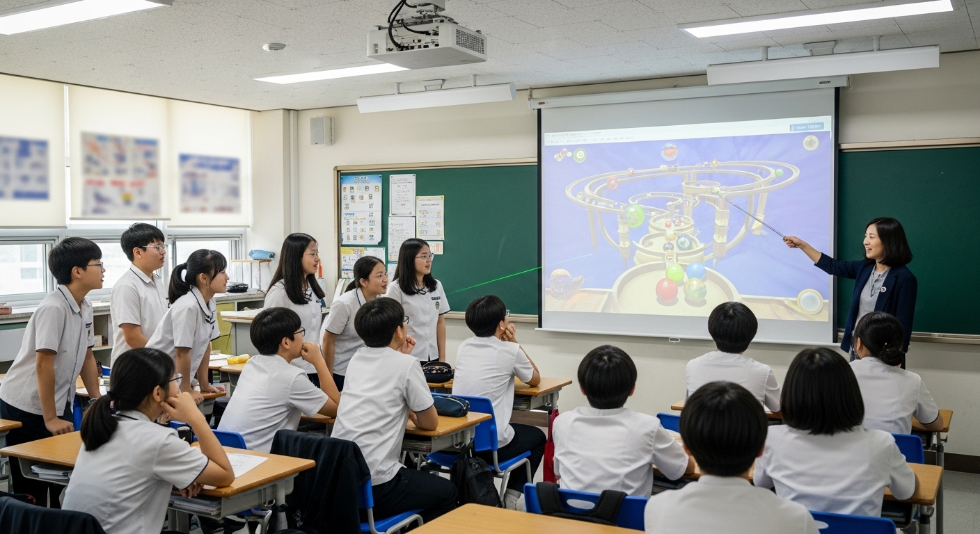 학생들이 교실에서 프로젝터로 마블룰렛을 보는 모습
