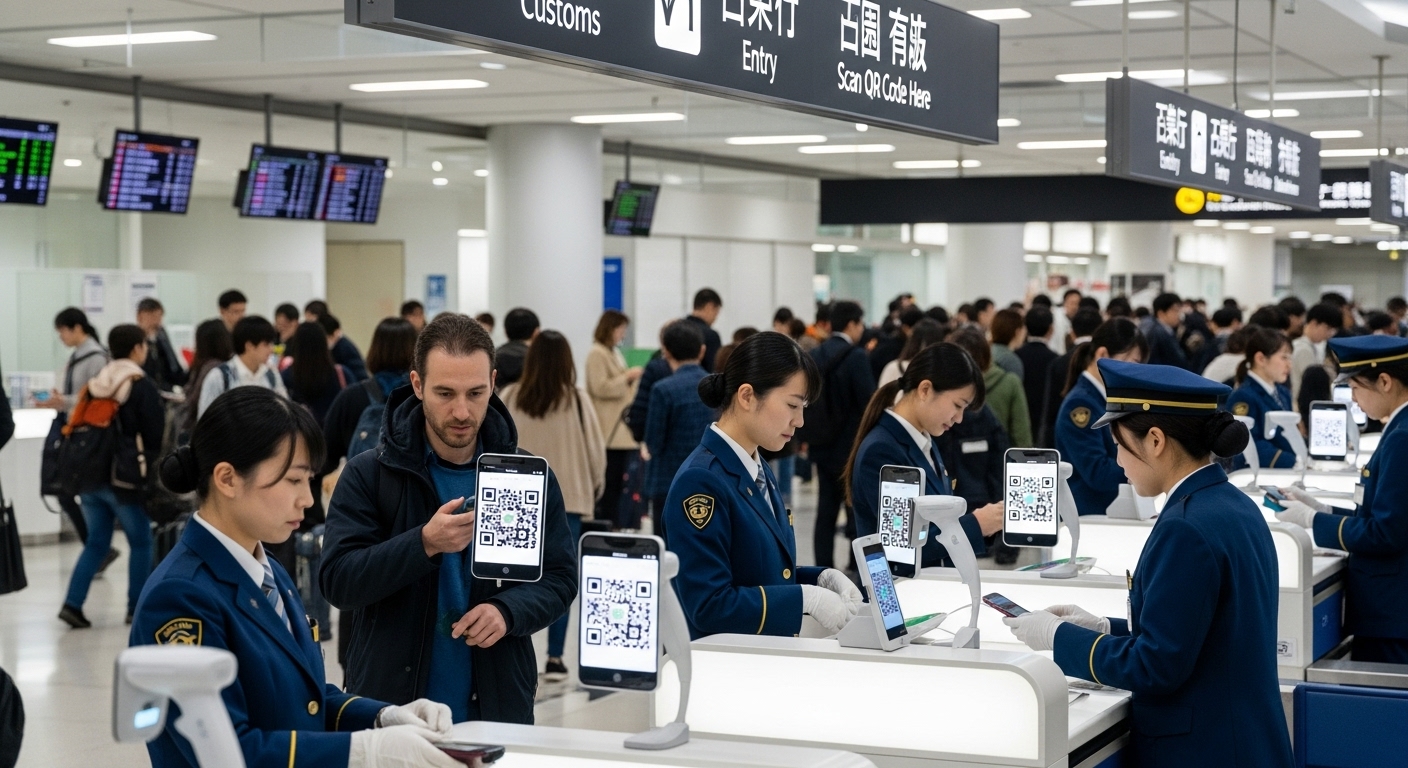 일본 공항 세관 구역에서 통합된 QR코드를 제시하며 입국 심사와 세관 처리를 받는 여행객들