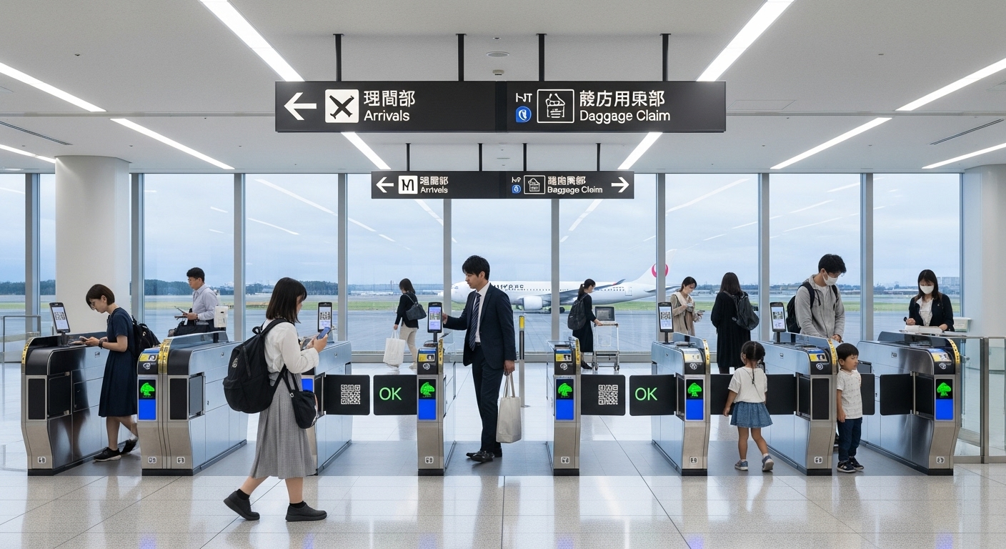 하나의 QR코드로 간편하게 입국 절차를 처리하는 현대적인 일본 공항의 모습