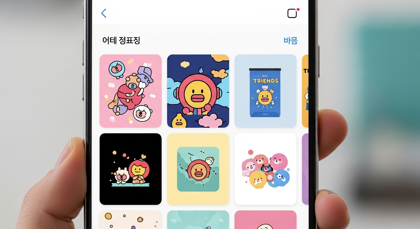 다양한 색감과 디자인의 카카오톡 테마가 적용된 한국 스마트폰 화면