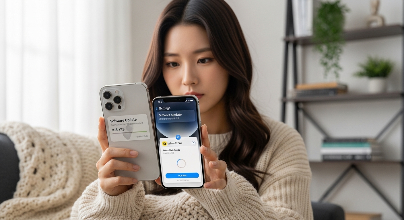 iOS 버전 및 최신 카카오톡 앱 확인 중인 젊은 여성의 모습