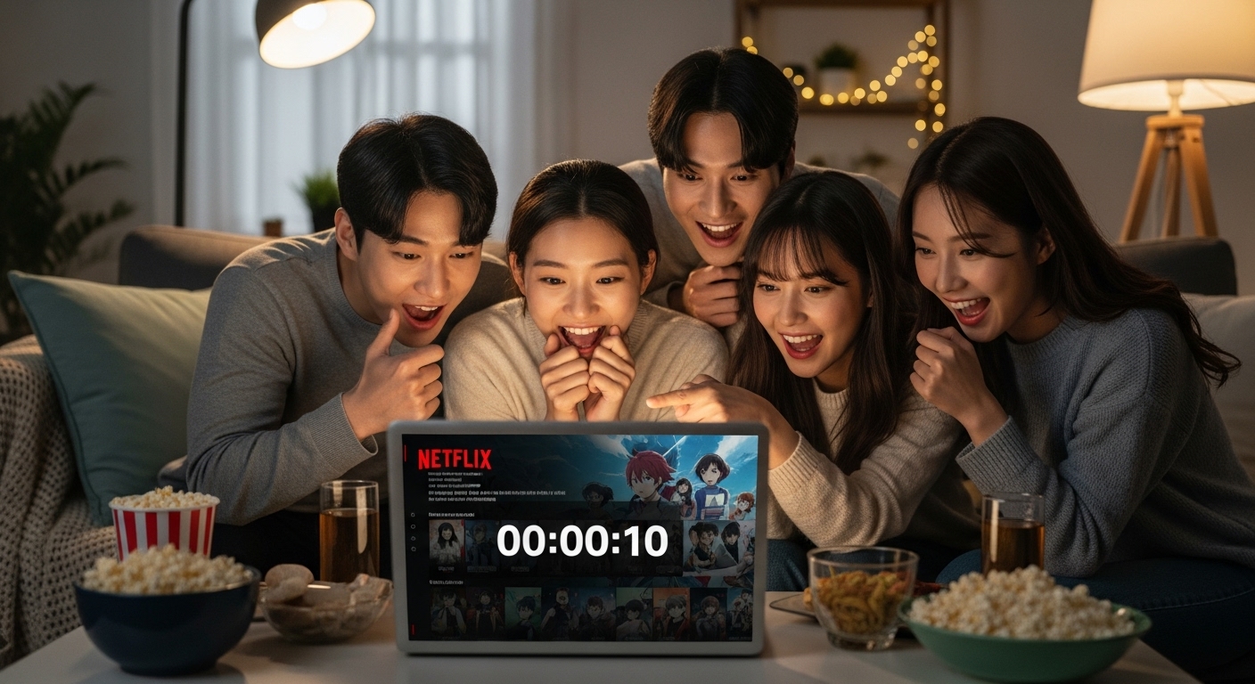 젊은이들이 거실에서 노트북으로 애니메이션 시리즈를 기대하며 넷플릭스 카운트다운을 보고 있는 모습