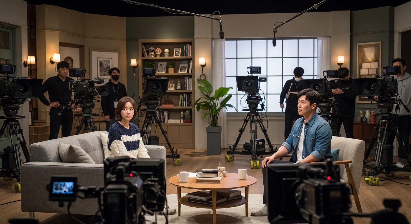 JTBC 스튜디오에서 고민하는 모습의 현대적인 한국 부부