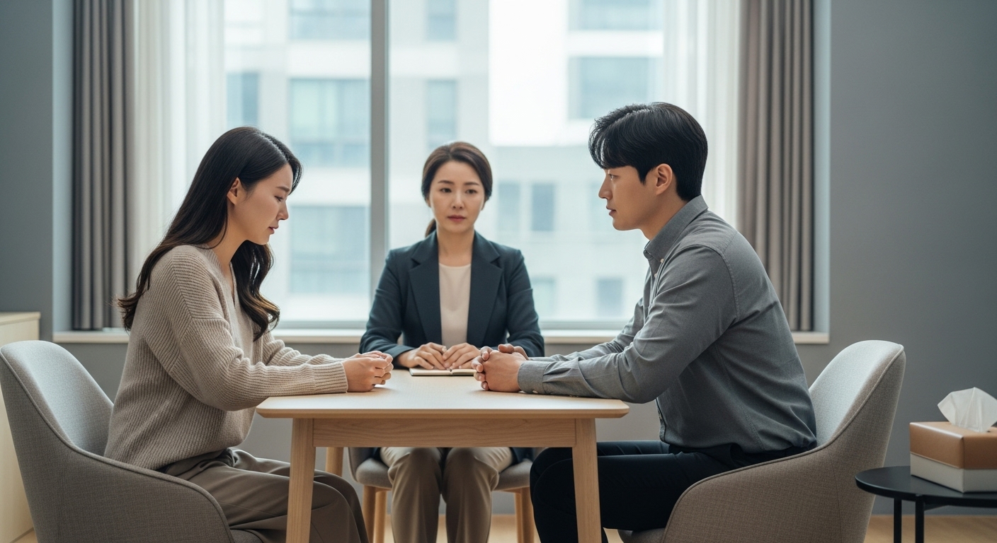 상담실에서 서로 마주보고 앉아 있는 긴장된 한국 부부