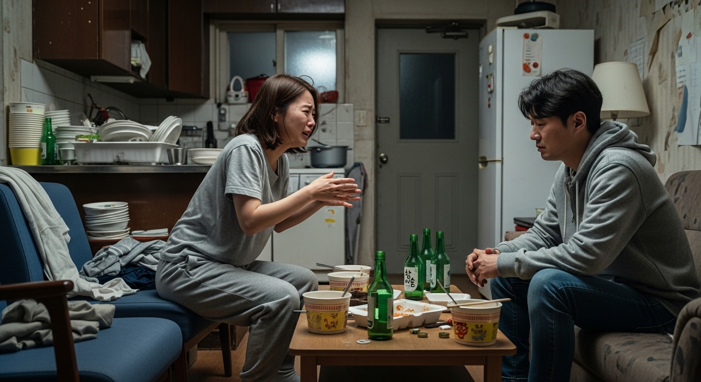 작은 아파트에서 심각하게 대립하는 한국 커플