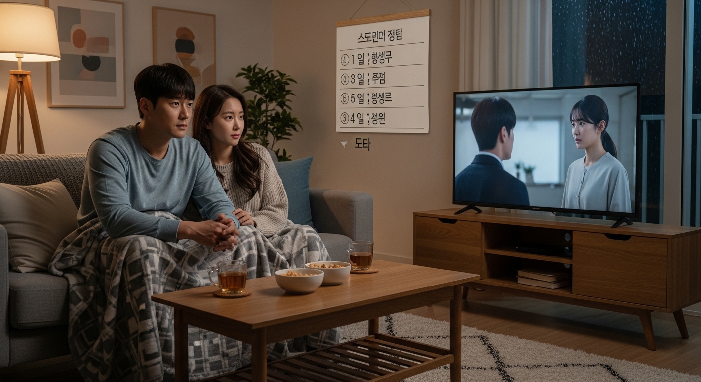 한국 커플이 거실에서 함께 TV를 시청하며 방송 일정을 달력에 표시하는 모습