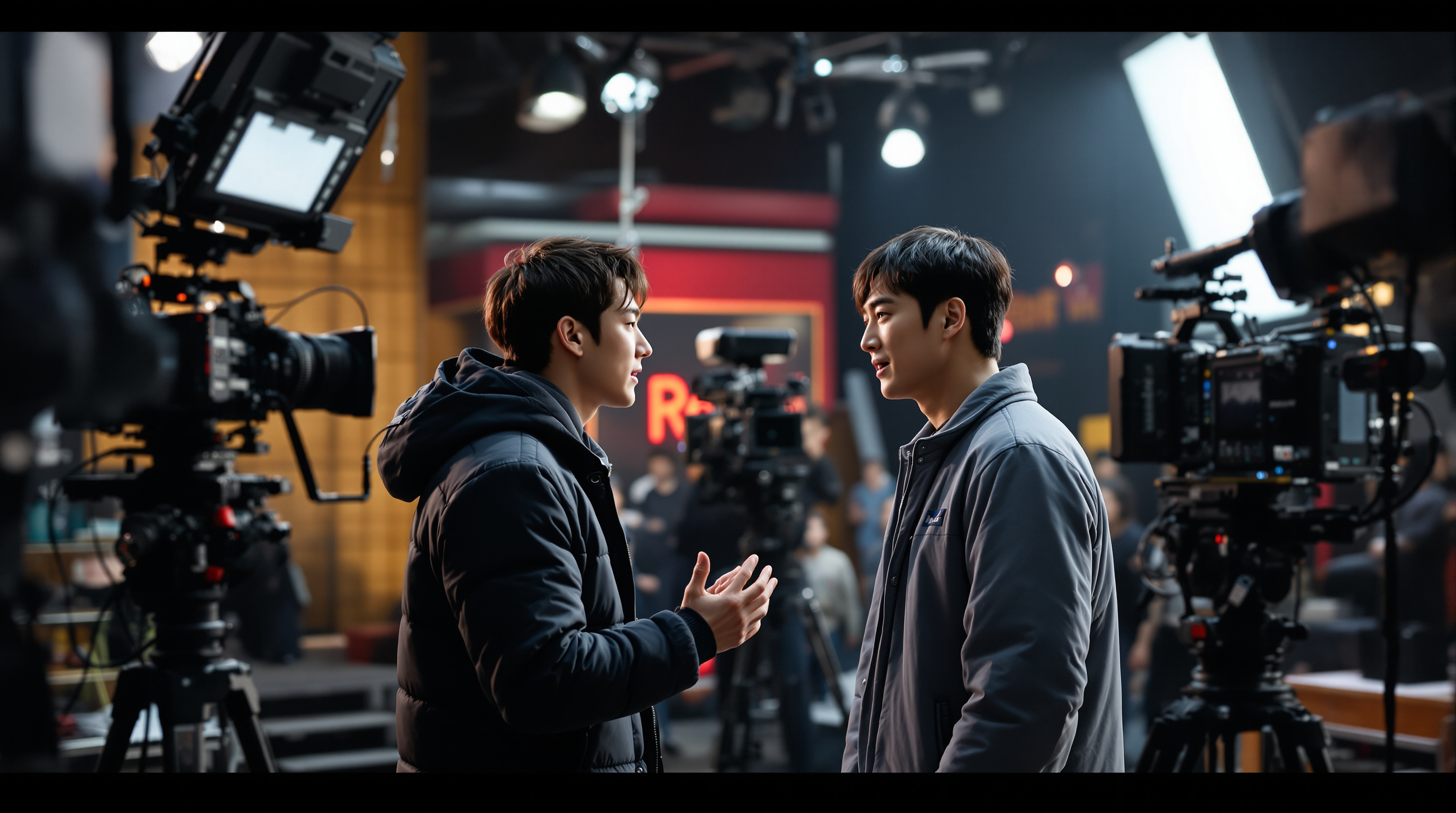 지창욱과 도경수가 세트장에서 장면을 논의하는 모습