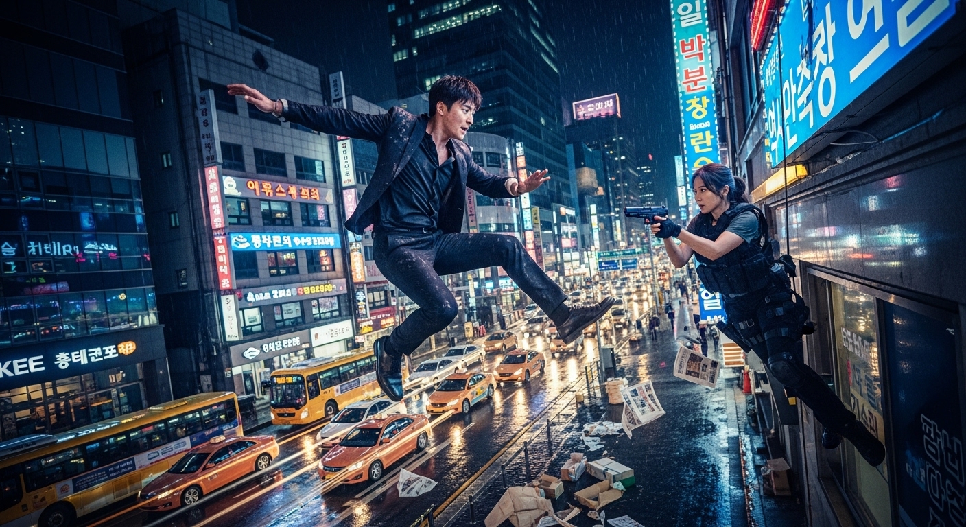 도시 야경 속에서 펼쳐지는 액션 장면