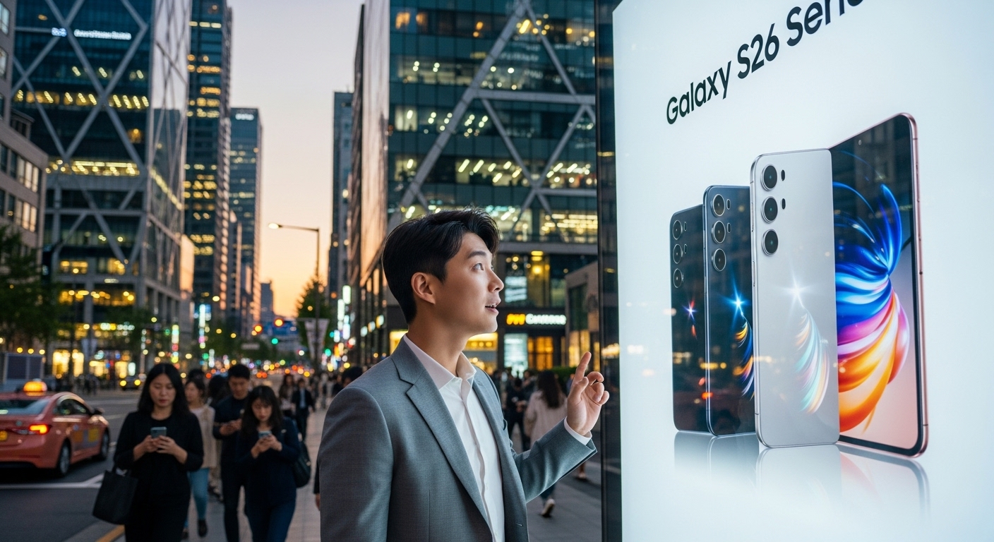 서울 거리에서 갤럭시 S26 포스터를 보는 현대적인 한국인