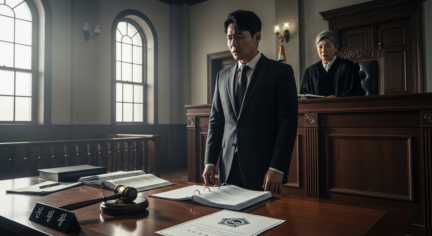 법정에서 판사 앞에 서 있는 한국인의 긴장된 장면