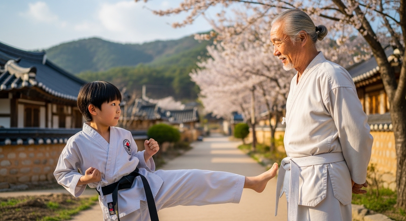마을에서 스승과 함께 무술을 배우며 호기심과 결단력을 가진 젊은 무술가