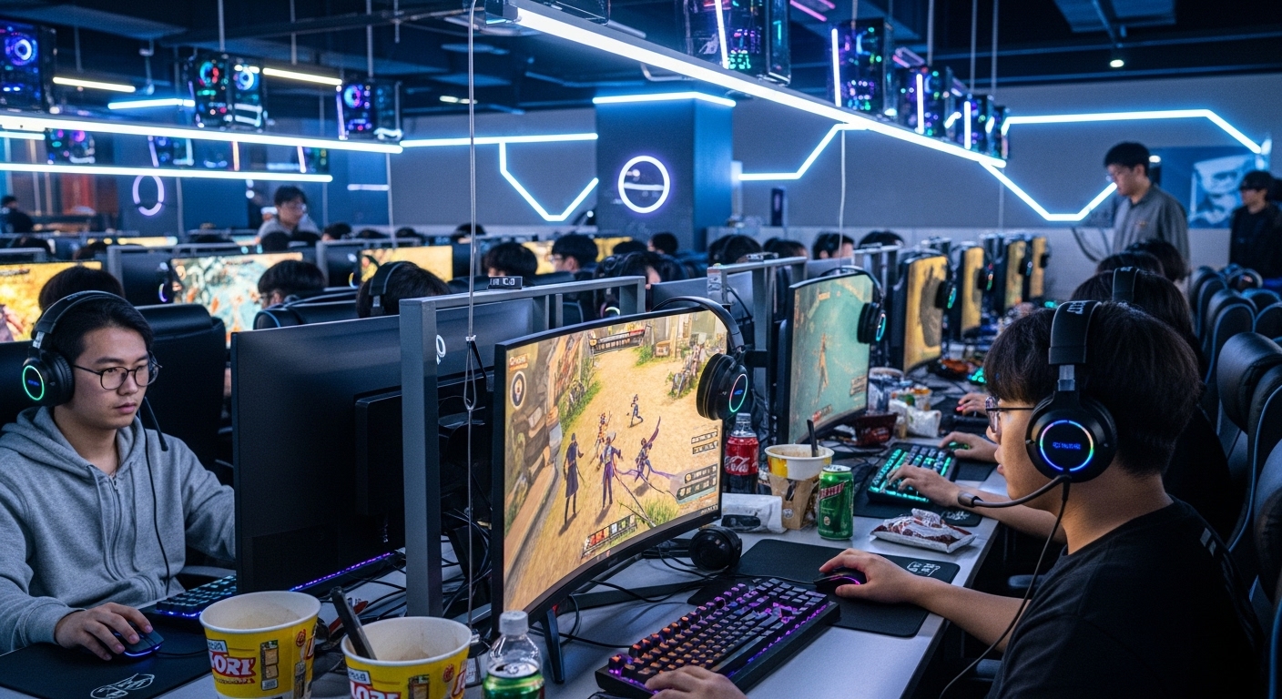 한국의 게임 카페에서 젊은 사람들이 최신 무협 RPG 게임에 몰두하고 있는 장면