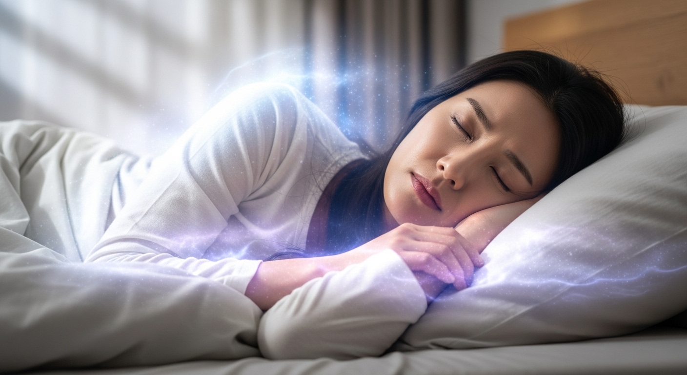 침대에 누워 신비로운 아우라에 둘러싸인 여성