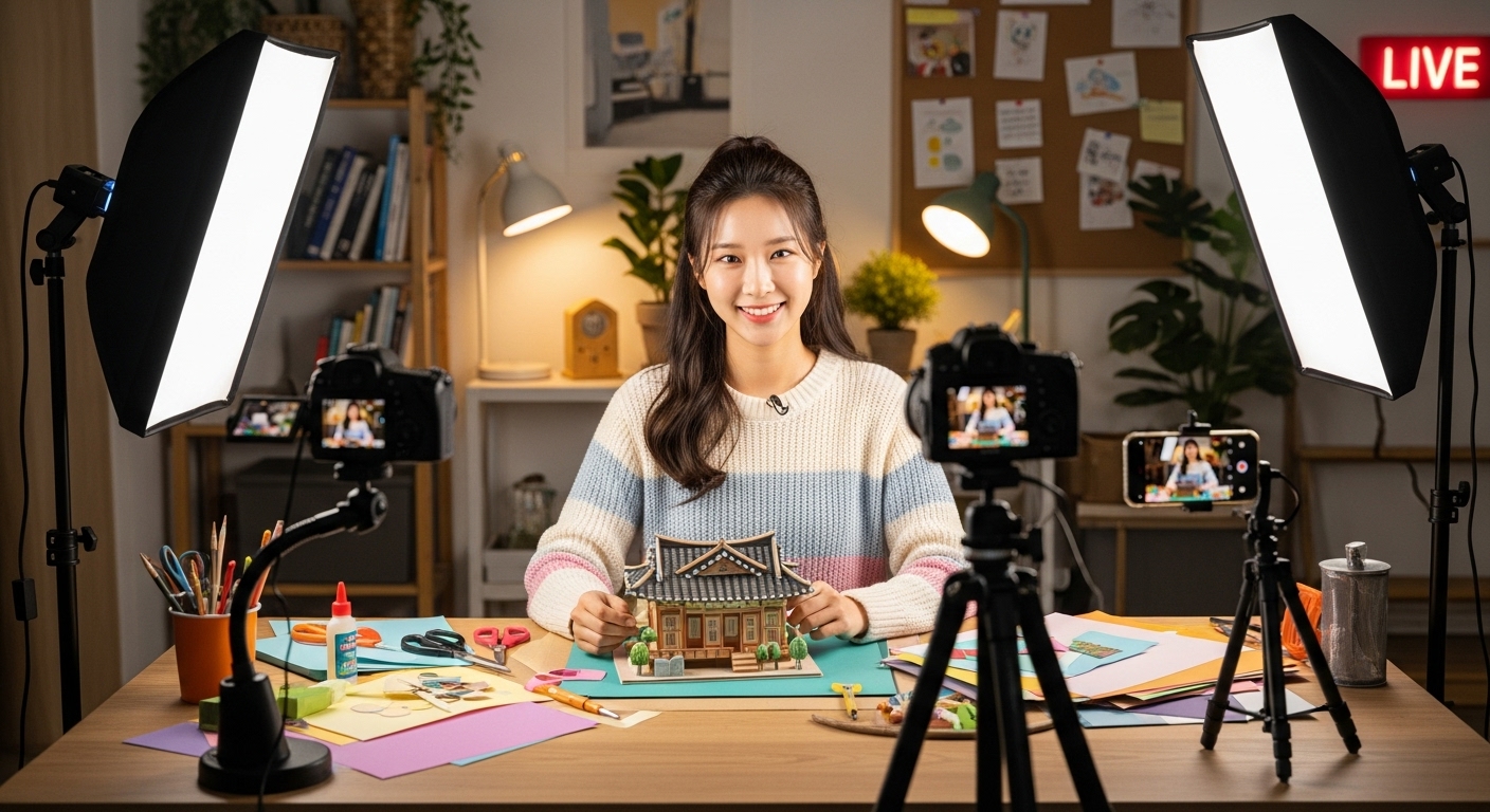 한국 유튜버가 스튜디오에서 카메라 앞에서 종이 공예 튜토리얼을 촬영하는 장면