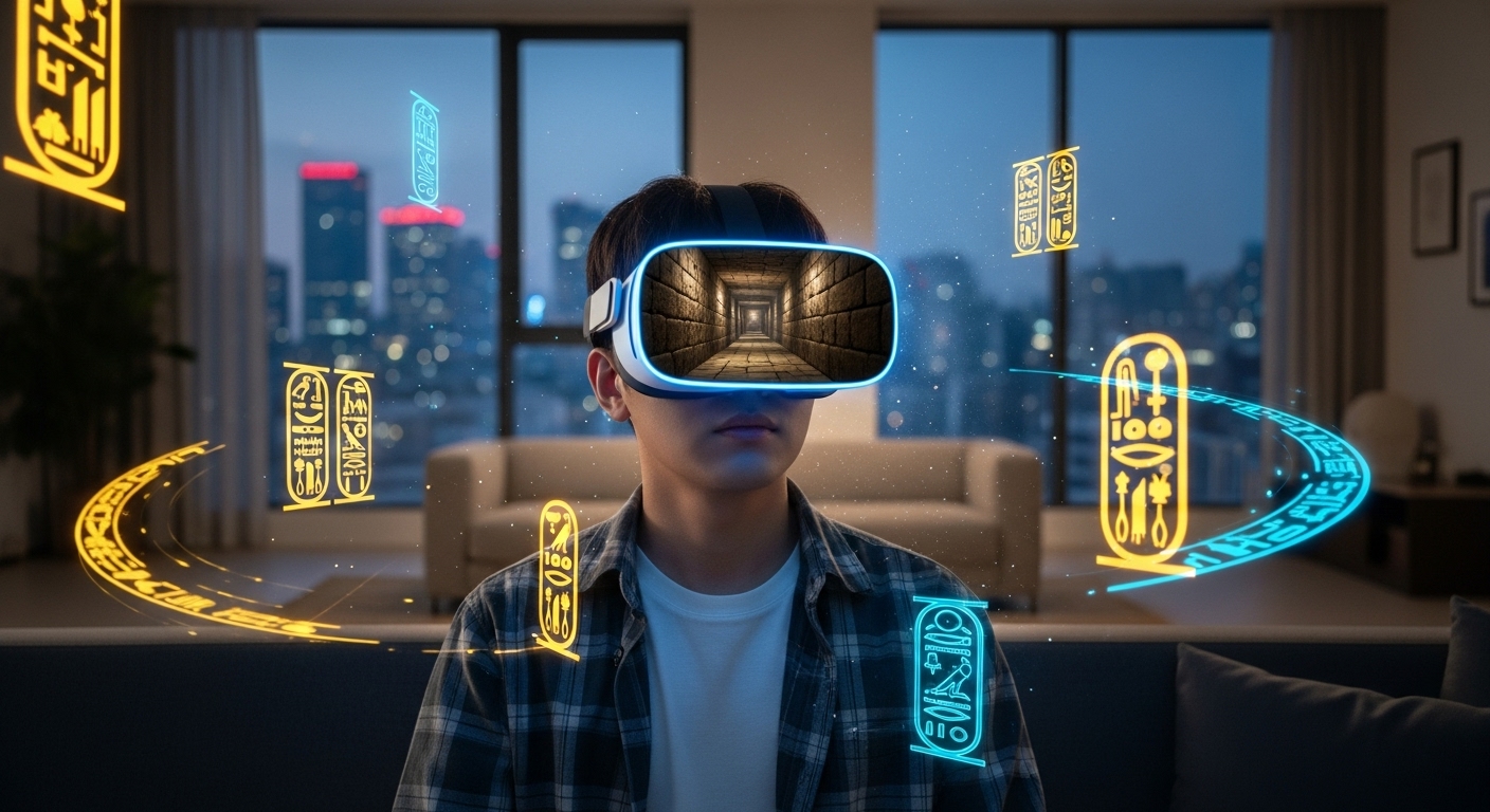 서울 아파트에서 VR 헤드셋을 착용하고 쿠푸왕의 피라미드를 탐험하는 모습