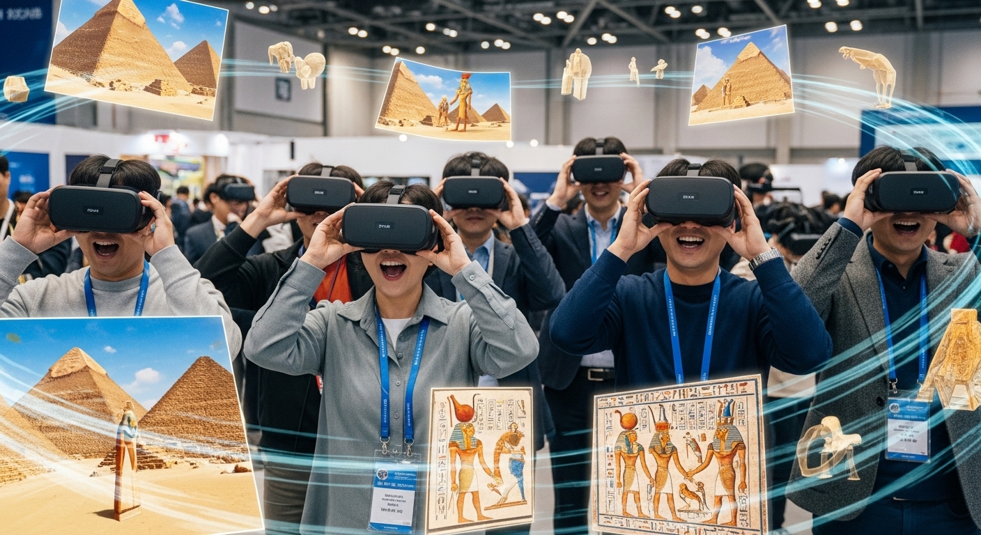 대규모 전시장에서 VR 헤드셋을 쓰고 고대 이집트 피라미드를 탐험하는 관람객들