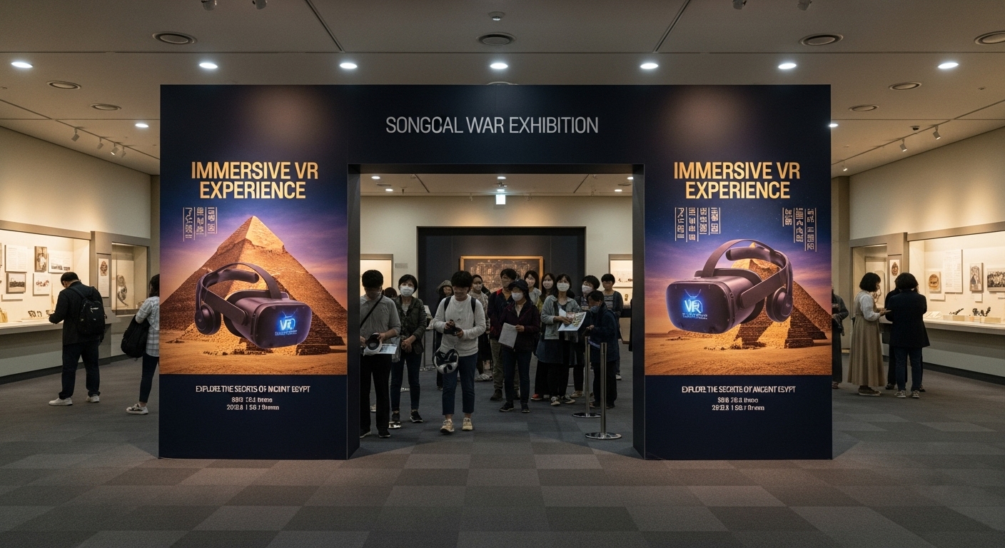 용산 전쟁기념관 특별전시실 입구에 줄 서 있는 관람객들과 피라미드 VR 체험 포스터