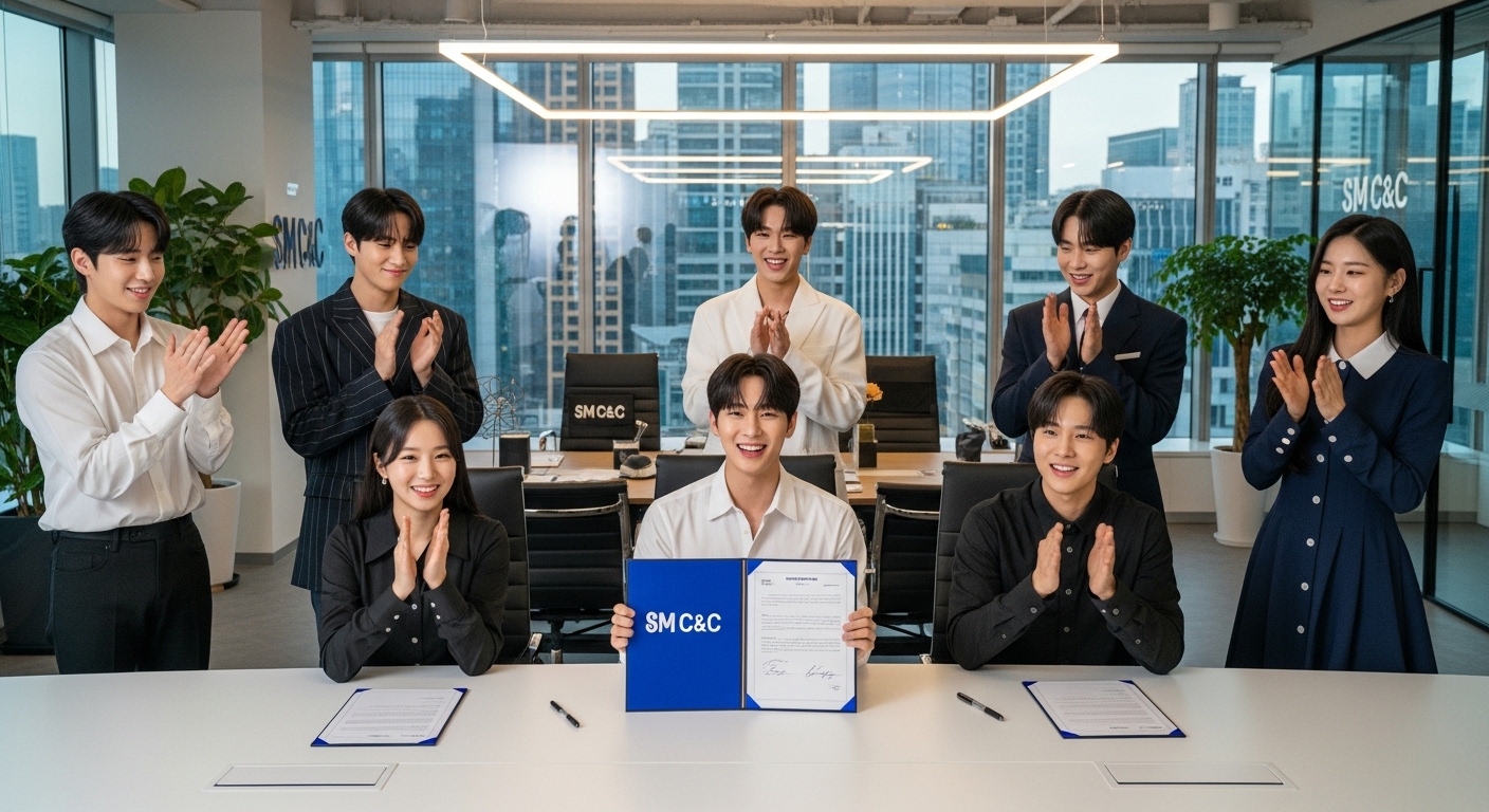 SM C&C와 전속 계약을 체결하며 기뻐하는 여섯 명의 젊은 가수들