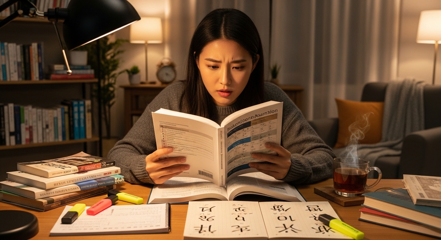현대인이 실내에서 일본어 발음 가이드를 읽고 있는 장면