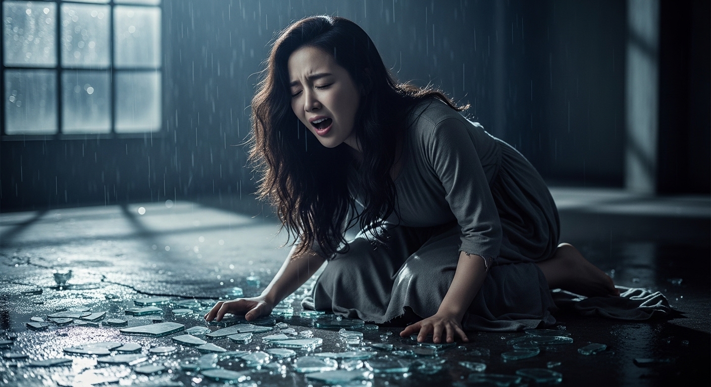 상징적 요소가 포함된 장면에서 열정적으로 노래하는 여성