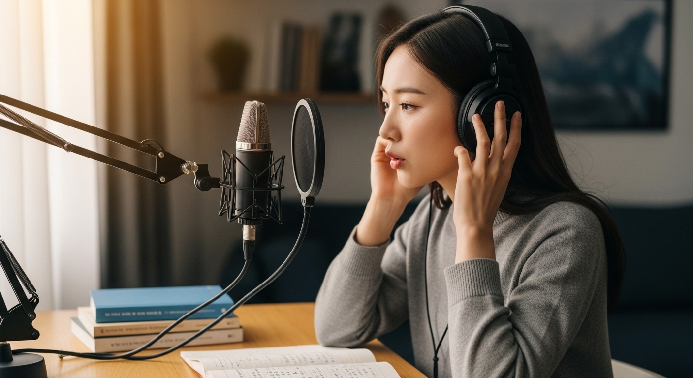 헤드폰을 착용하고 발음을 연습하는 젊은이 모습