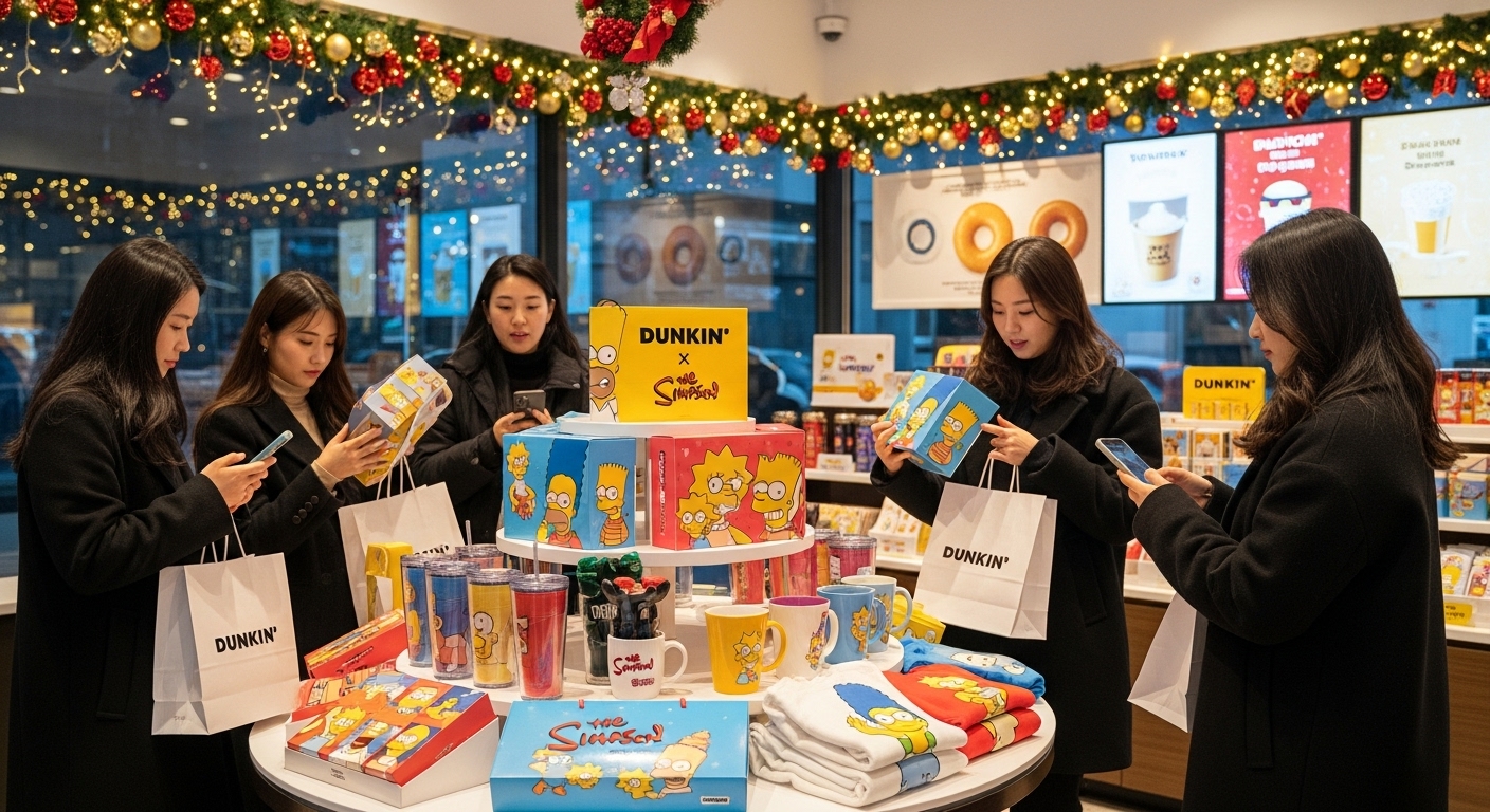 한국 소비자들이 연말을 맞아 던킨 심슨 콜라보 제품을 쇼핑하는 장면