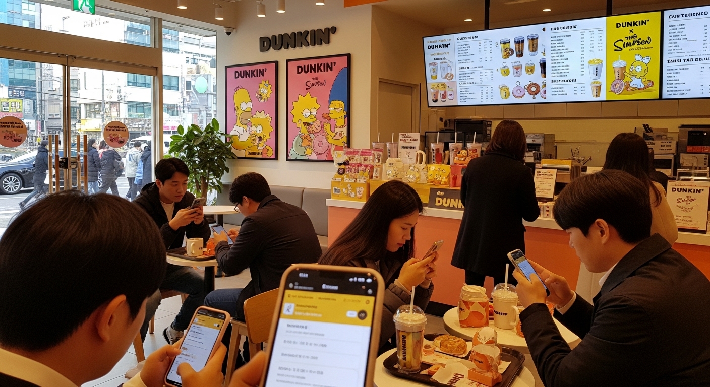 스마트폰으로 던킨 심슨 콜라보 굿즈 예약 일정을 확인하는 한국 소비자들