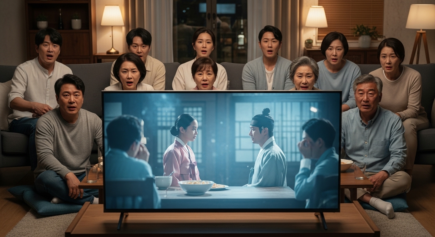 시청자가 집에서 TV 쇼를 몰입해서 보는 모습