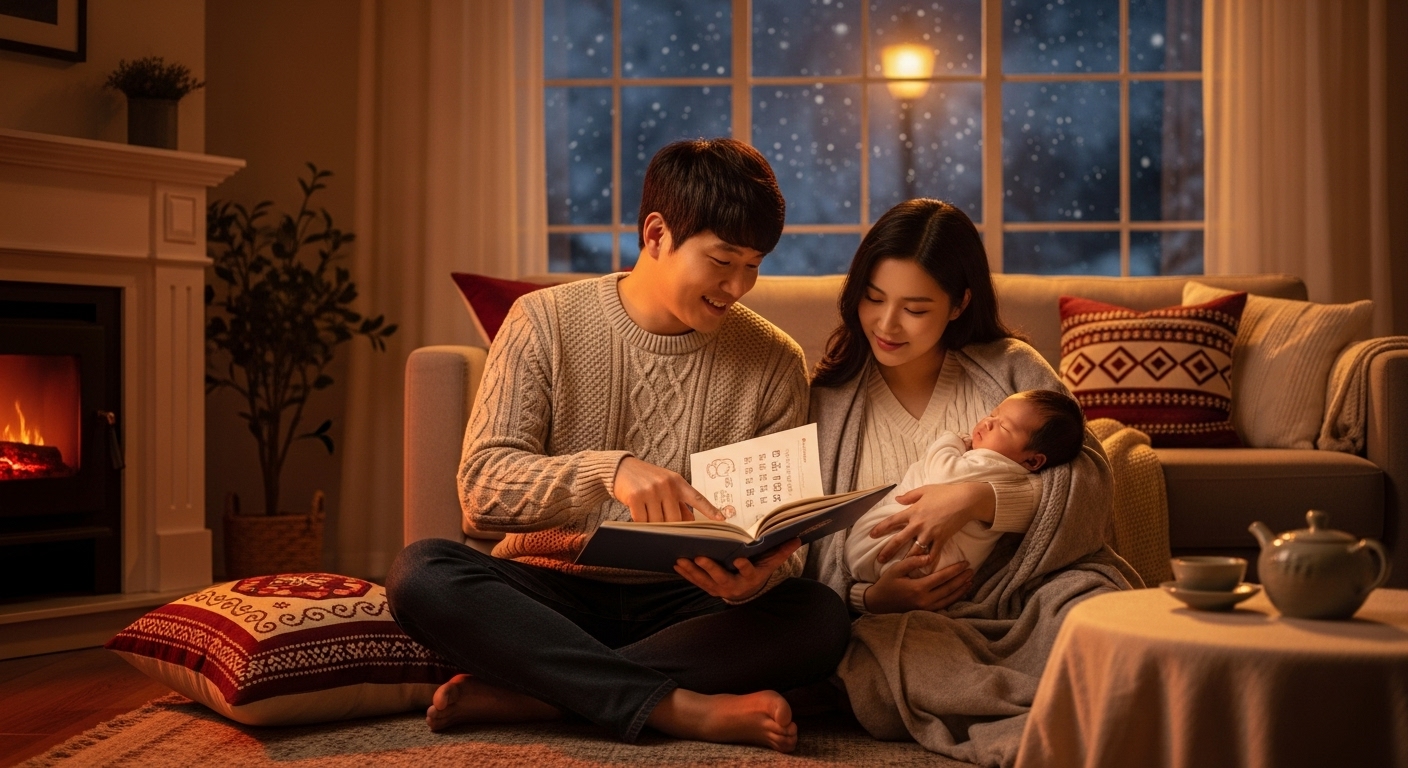 겨울철 거실에서 아기 이름 책을 보는 한국 가족 모습
