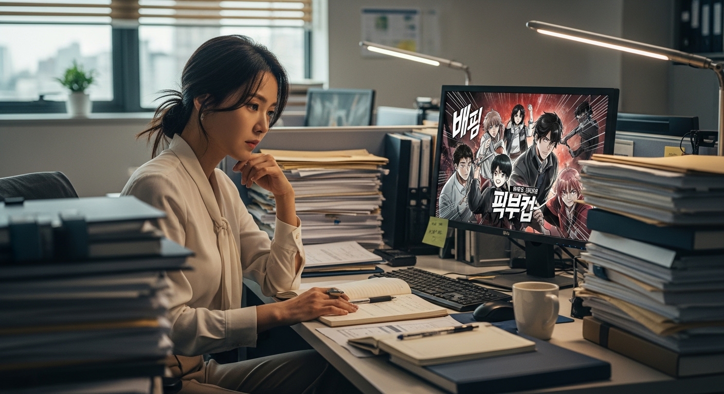 사무실에서 서류와 컴퓨터를 앞에 두고 깊은 생각에 잠긴 한국 여성