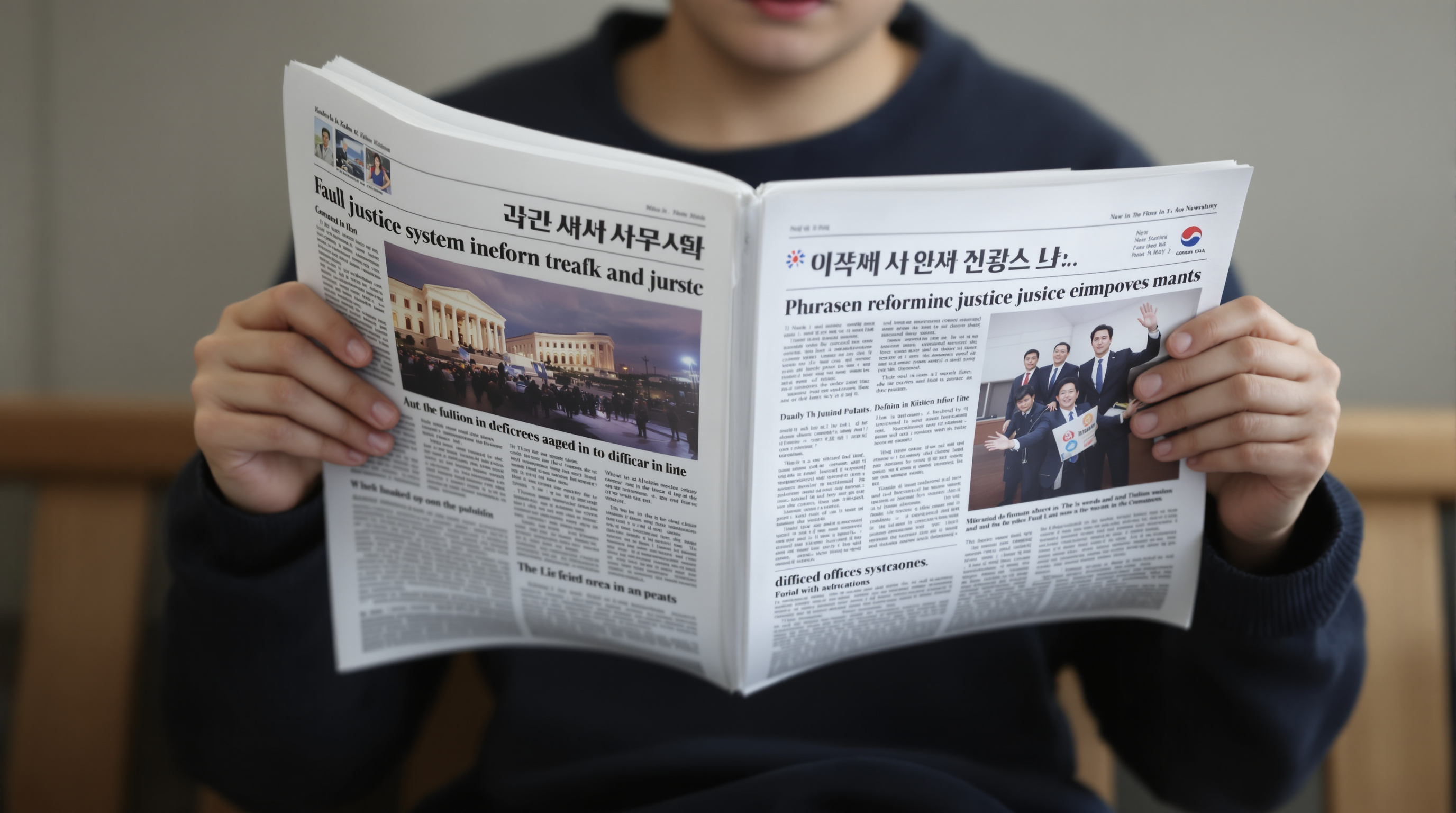 정치 개혁과 사법 제도 개선 기사가 실린 신문을 읽는 학생의 상징적인 모습