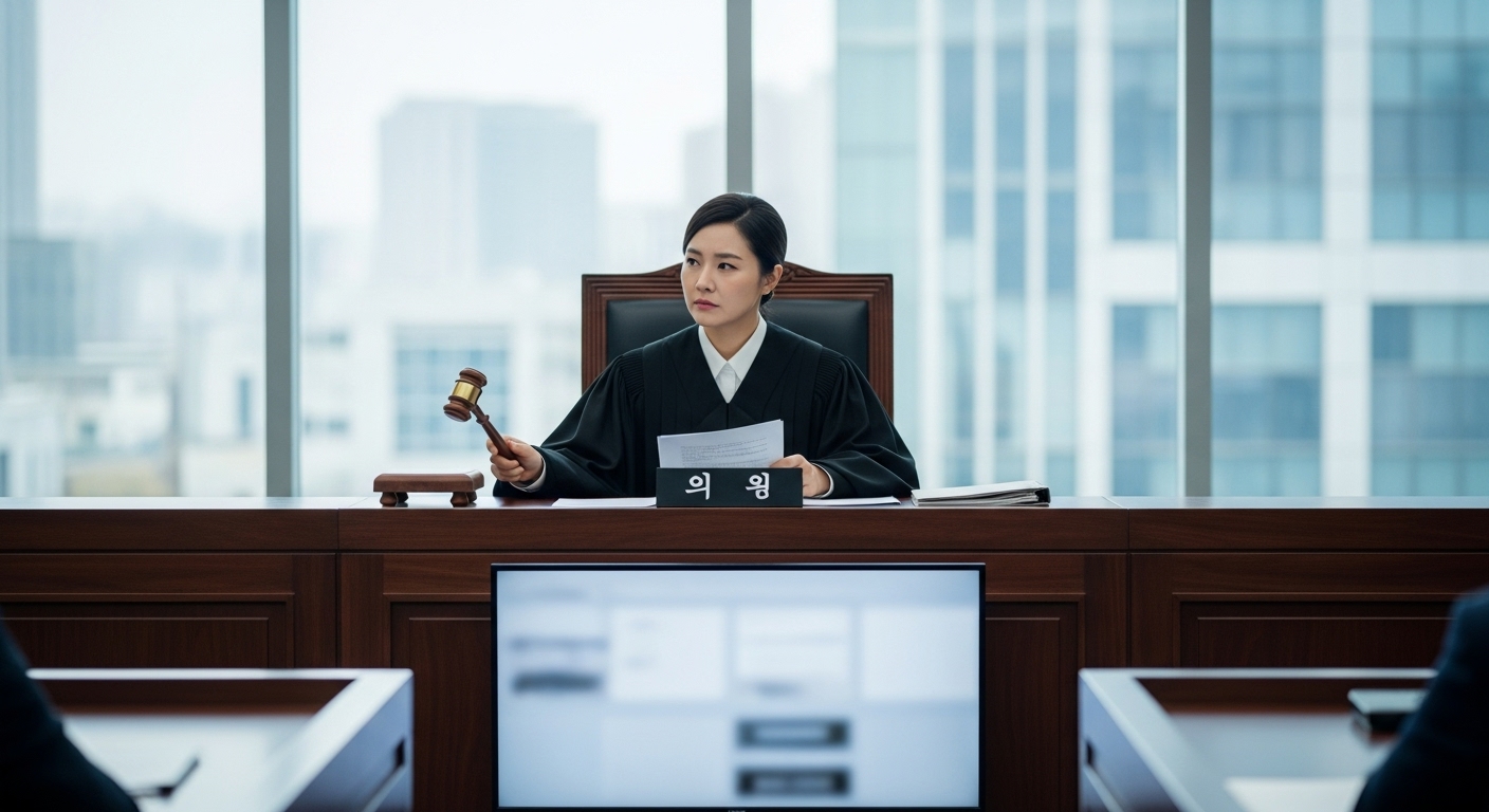 고위 정치 부패 사건을 심리하는 법정에서 판결을 내리는 여성 판사의 모습