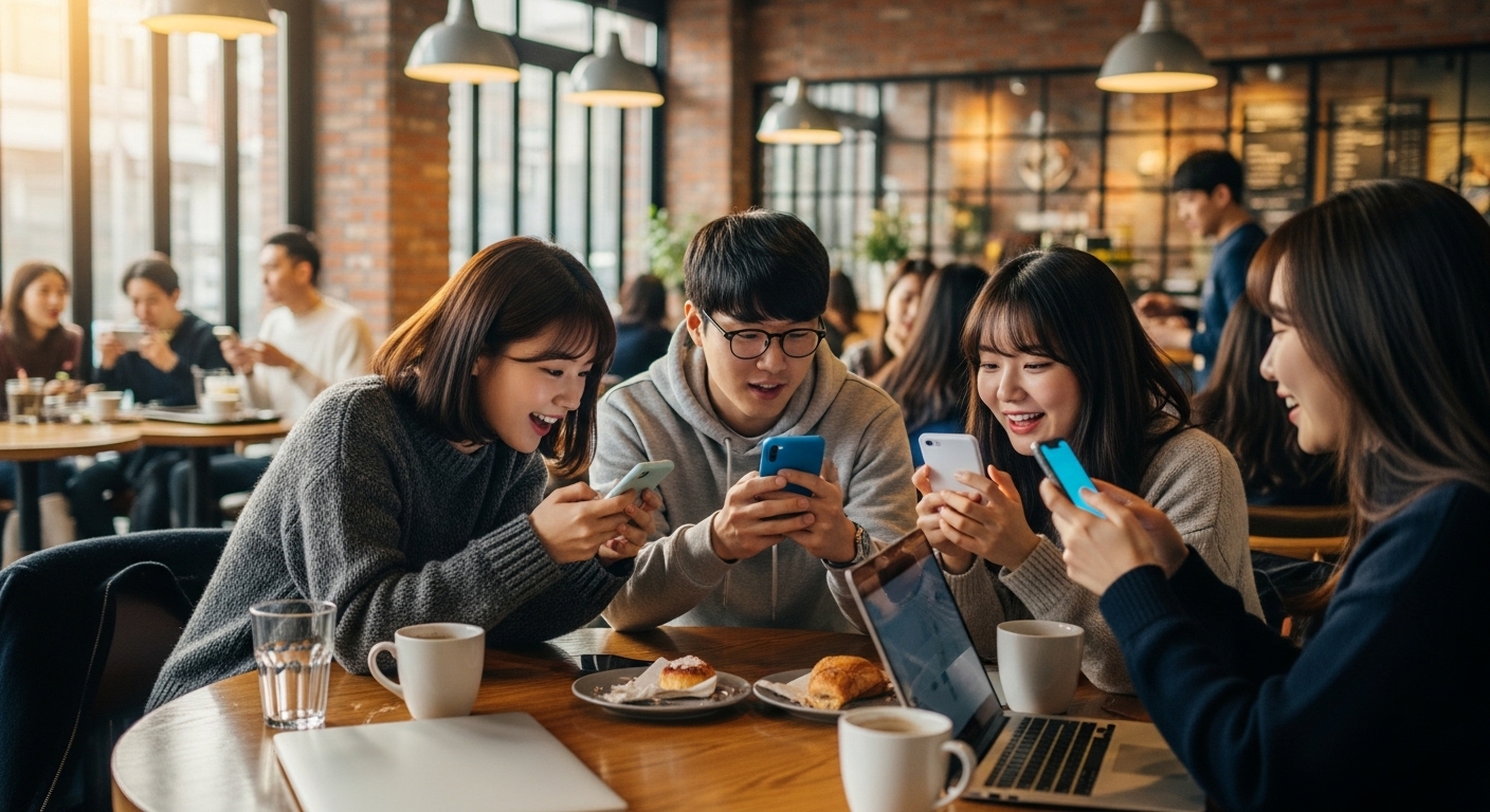 활기찬 카페에서 스마트폰으로 온라인 이벤트를 확인하는 젊은이들
