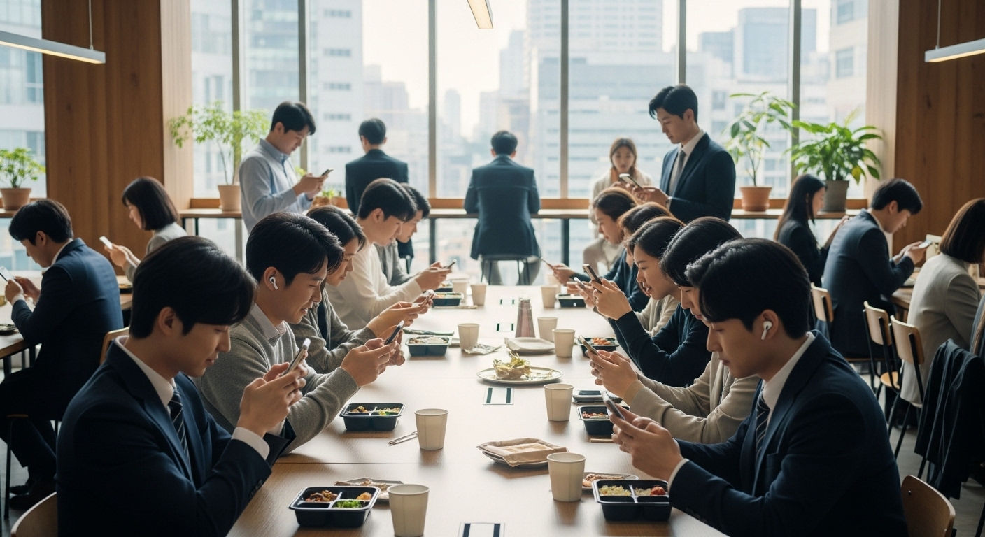 정오에 스마트폰으로 디지털 리워드를 수집하는 한국의 직장인과 학생들