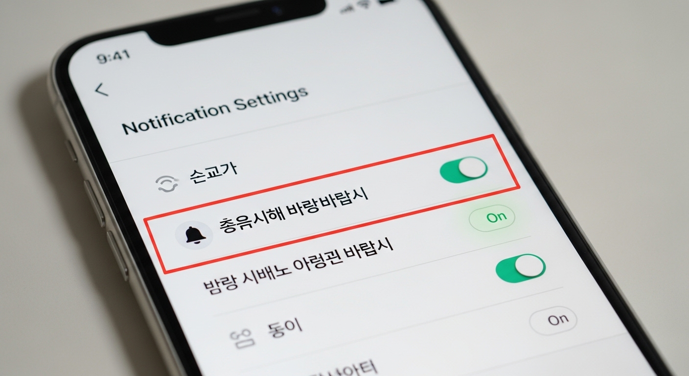 보상 앱의 알림 설정 화면을 보여주는 스마트폰 클로즈업 화면
