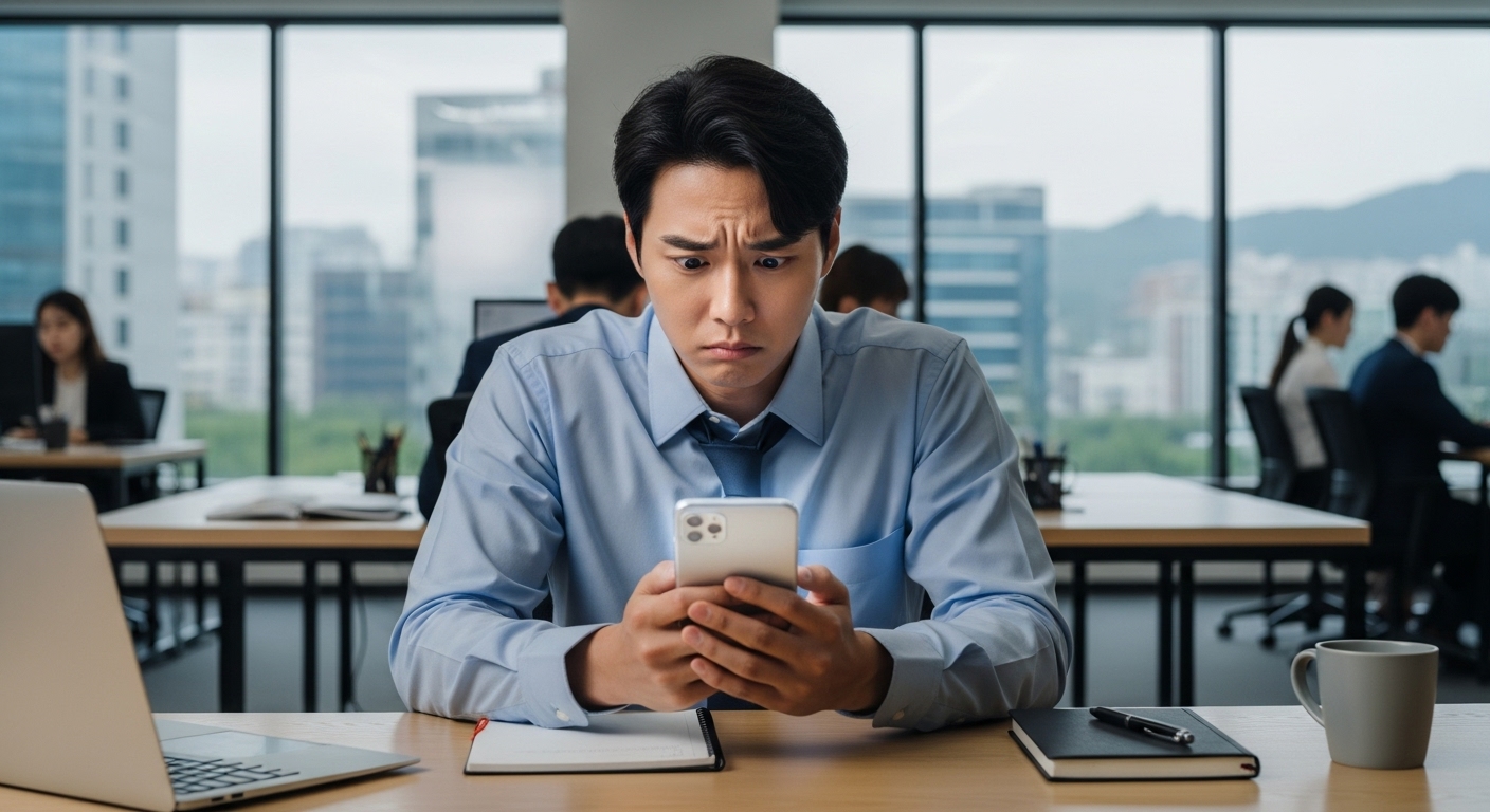 한국인 직장인이 사무실 책상에 앉아 스마트폰 화면을 보며 혼란스러워하는 모습